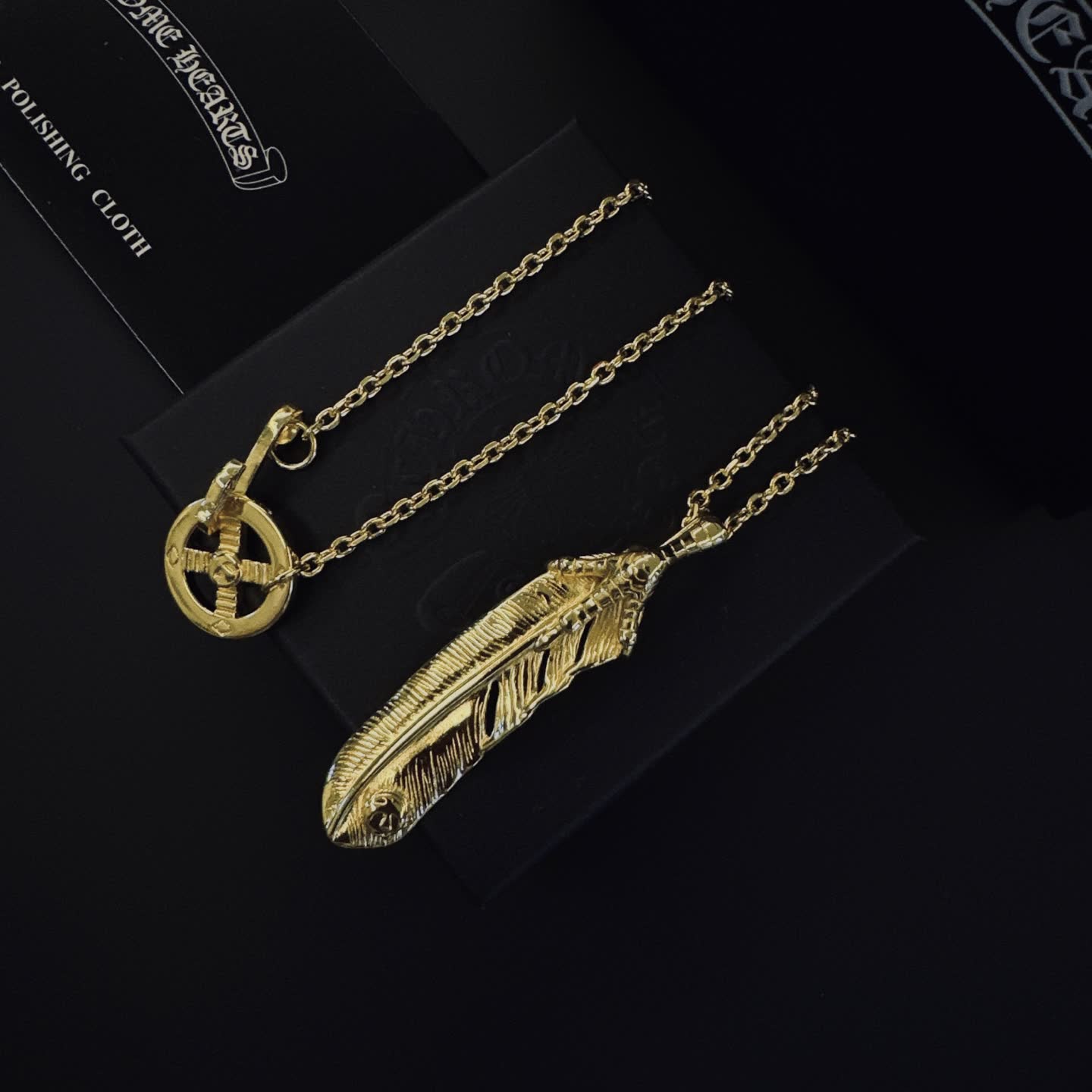 Chrome Hearts Gold Feather and Cross Pendant Necklace
